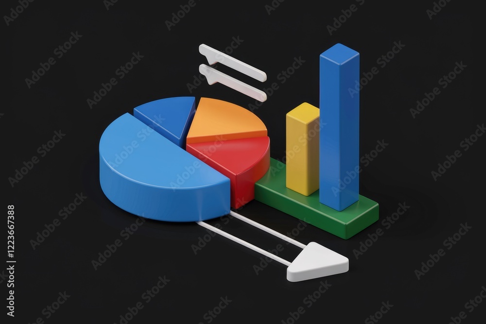 Poster a 3d illustration of a pie chart and bar graph, representing data visualization and analysis.