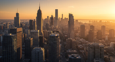 Fototapeta premium Golden Hour Manhattan Skyline: Breathtaking Aerial View of New York City at Sunset