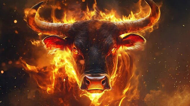 Fiery bull head engulfed in flames against a dark background. Intense orange and red hues dominate the image.  Sparks and embers add to the dramatic effect