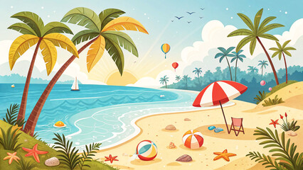 Obraz premium Tropical Beach Scene with Sunset and Activities