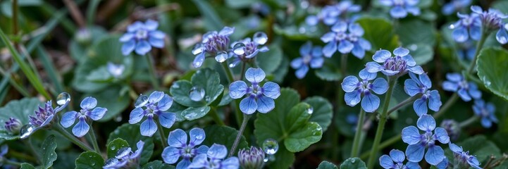 Morning dew on blue flowers surrounded by lush green foliage showcasing nature's beauty