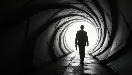 Man in suit walks into light at end of dark spiral tunnel. Serious expression on face. Action photo. Dramatic image. Suspenseful scene. Mystery. Adventure. Cool style. Bond movie. Interior scene.