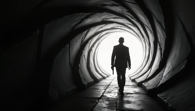 Man in suit walks into light at end of dark spiral tunnel. Serious expression on face. Action photo. Dramatic image. Suspenseful scene. Mystery. Adventure. Cool style. Bond movie. Interior scene.