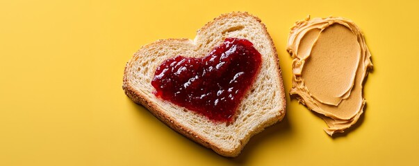 Heart shaped jelly on bread slice and peanut butter celebrating peanut butter and jelly day