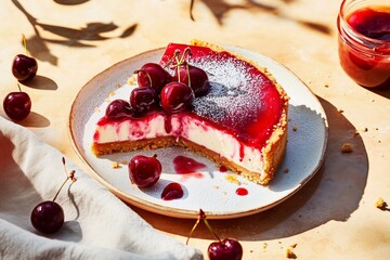 National cheesecake Day April 23  decadent glossy cherry cheesecake, featuring a perfectly smooth cherry glaze that reflects light like glass