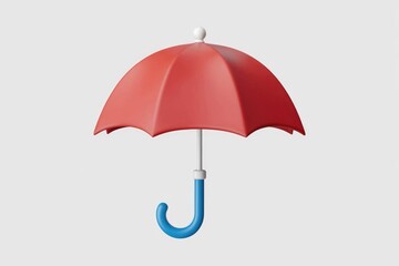 A red umbrella with a blue handle, isolated on a white background.