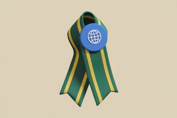 A green and yellow ribbon with a blue globe icon, symbolizing global awareness.