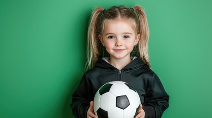 Girl holding soccer ball, green background, studio shot, child sports
