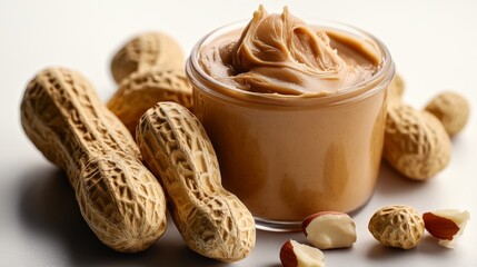 Creamy peanut butter in a glass jar with peanuts celebrating Peanut Butter and Jelly Day