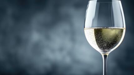 Sparkling white wine glass, closeup, dark background, celebratory drink