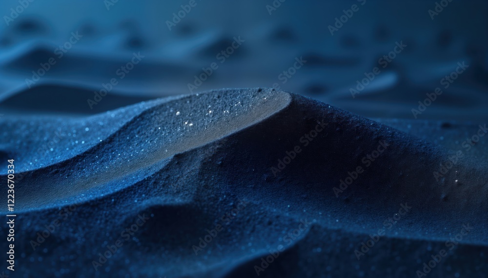Poster Closeup view of deep blue sand texture. Blue sand dunes create unique pattern. Abstract design with captivating surface. Photo perfect for wallpaper cover. Dark, cool tones ideal for modern vintage