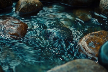 Fototapeta premium Rippling water flowing over colorful pebbles under soft natural light.