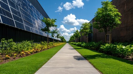 Fototapeta premium Sustainable business park pathway, solar panels, green landscaping, sunny day, corporate sustainability