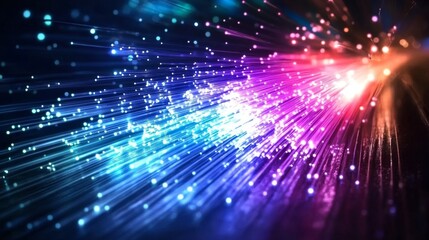 Colorful light rays from fiber optic strands on a dark background