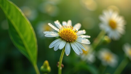 Obraz premium Macro photography of an orange flower with dew drops and sunlight reflections 