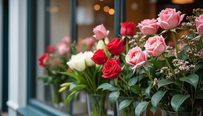 Fototapeta premium Colorful roses in glass vases displayed near a window.