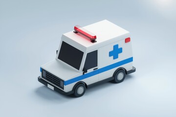 A simple 3D rendering of a white ambulance with blue stripes.