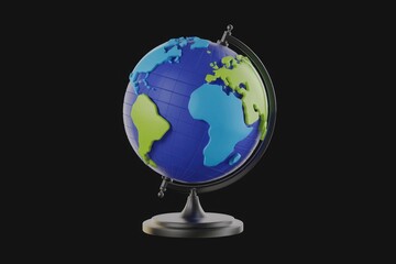 A blue and green globe on a black stand against a transparent background.