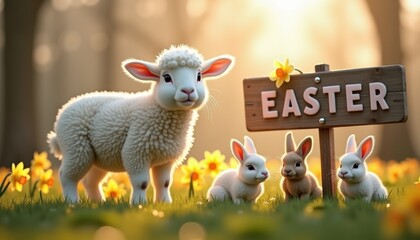 Easter lamb with wooden sign, bunnies, and daffodils in morning light