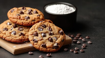 Delicious chocolate chip cookies on a wooden board. Food photography for recipe websites