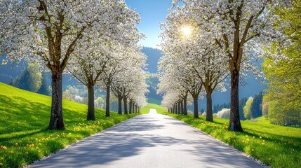 Spring road, blossom trees, sun, hills, travel