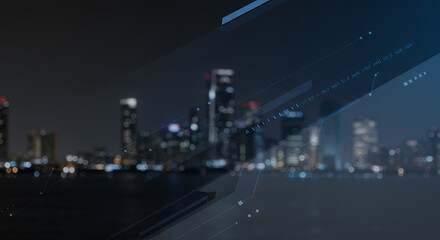 Futuristic Cityscape at Night with Abstract Technology Overlay