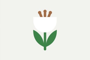 Fototapeta premium A stylized white flower with green leaves and brown stems.