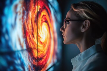Naklejka premium A woman wearing glasses intently studies a vibrant display of swirling nebulae, possibly analyzing astronomical data.