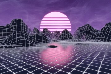 A retrofuturistic landscape with wireframe mountains and a pink sunset reflected in a gridded lake.