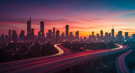 Fototapeta premium Stunning Sunset Cityscape with Light Trails on Highway Overpass