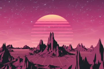 Selbstklebende Fototapeten A vibrant retrofuturistic landscape with a glowing sun and a grid pattern. © darshika