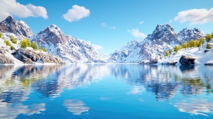 Serene mountain lake reflecting snowy peaks under a bright sky; ideal for travel or nature documentaries