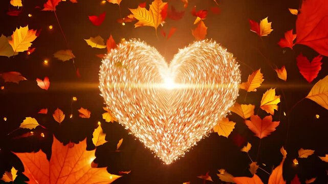 Pan video to reveal a sparkling heart materializing from a swirling vortex of autumn leaves in vibrant shades of red and gold