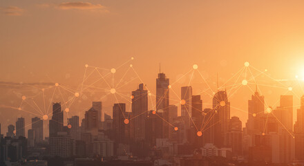Fototapeta premium Smart City Sunset: Networked Skyline at Golden Hour