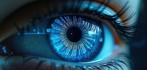 Close-up eye detail futuristic tech design. Biometric scanning system concept. Advanced iris recognition. Detailed blue glow patterns. Eye secure tech. Digital data stream. Future tech innovation