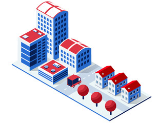 Isometric smart city with modern buildings, trees, streets and people walking