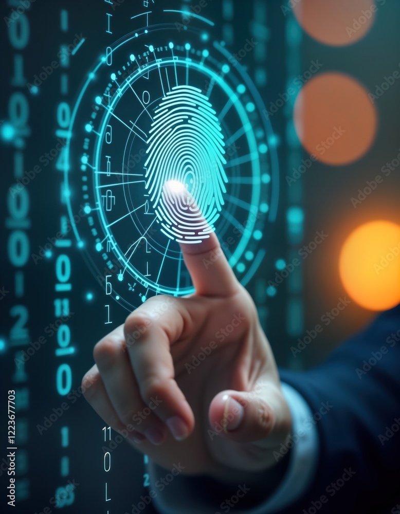 Poster Person touches digital fingerprint authentication request on interactive screen. Login process for social media account uses biometric tech. Security measure for online identity verification. Tech