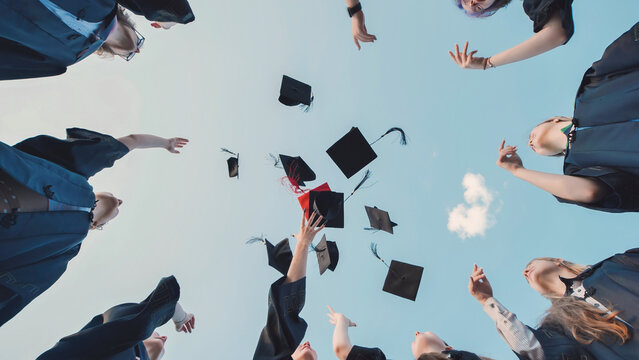Students in graduation attire tossing their caps into the air to celebrate their academic success against a clear blue sky
