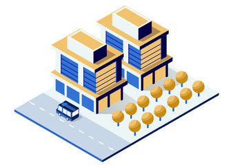 Modern office buildings with a bus passing by in isometric view