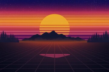 Obraz premium A retrofuturistic landscape with a large sun, mountains, and a grid pattern.