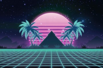 Retro futuristic landscape with a pyramid, palm trees, and a glowing sun.