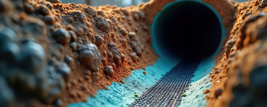 Underground pipe liner curing process. Realistic cross-section view shows resin texture highlighted by bright lighting. Expert pipe relining visuals. Underground infrastructure maintenance. Material