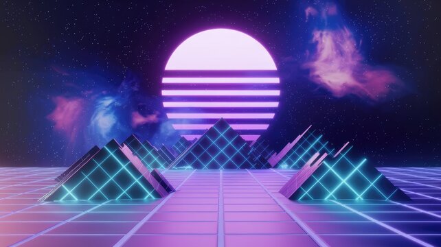 A retro futuristic landscape with neon pyramids and a glowing sun.