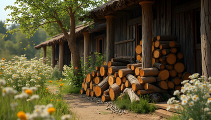 Naklejka premium Summer Day: “A sunny summer day, a neatly stacked stack of firewood against a green garden, nearby blooming flowers and a babbling brook.” 