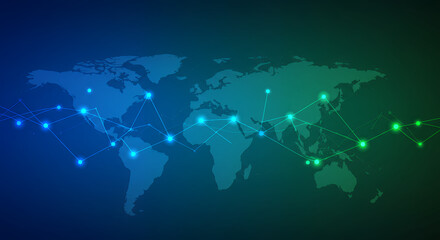 Fototapeta premium Global Network Connection, World Map with Data Flow, Technology Background