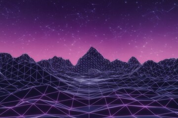 A stylized, wireframe mountain landscape with a pink and purple gradient sky.