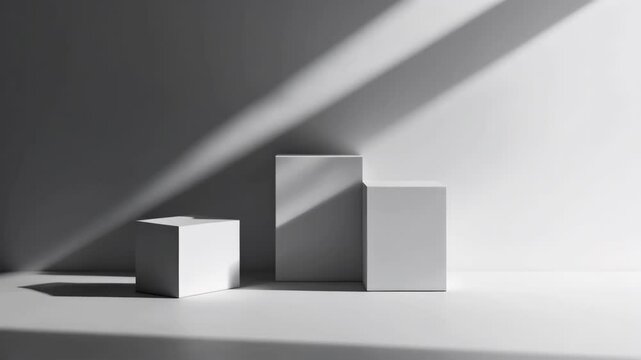 Three white cubes are standing in a row, with one of them slightly taller than the other two. The cubes are placed in front of a white wall, and the sunlight is shining on them