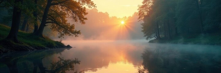 Obraz premium Shimmering water surface reflected in a misty forest at dawn, nature, tranquility