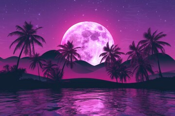 Naklejka premium A vibrant pink full moon shines over a tranquil tropical landscape.