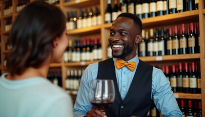 African male wine shop worker recommends wine to customer. Employee in retail store. Happy worker in pro outfit. Woman customer listens attentively. Inside liquor store with many wine bottles on